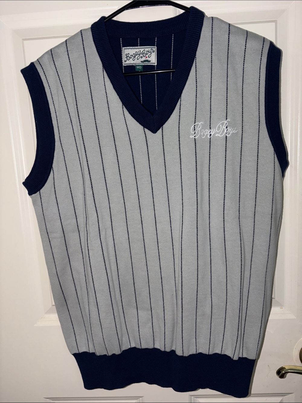 Bogey Boys Men’s Gray & Navy Pinstripe V-Neck Sweater Vest